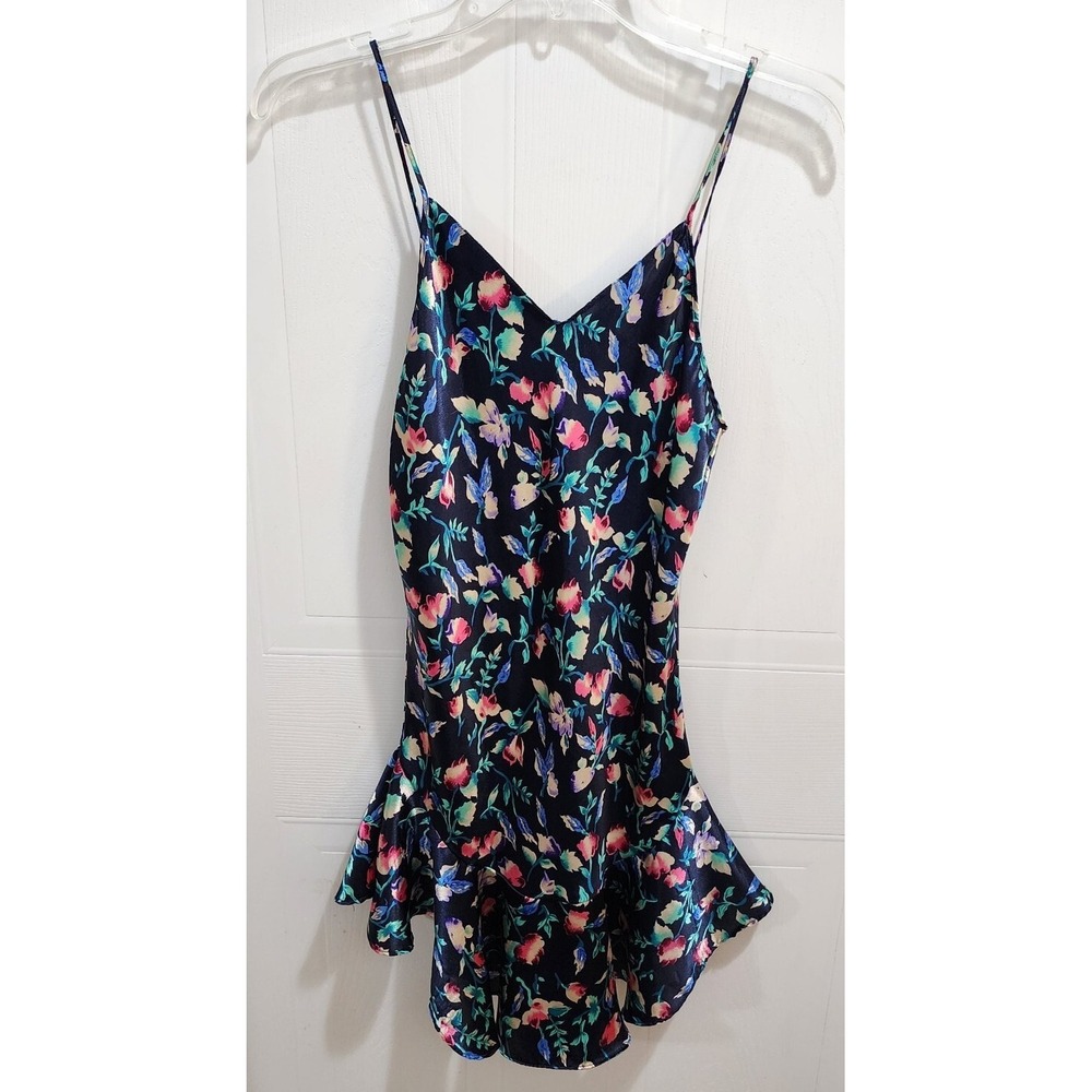 Vintage Sedu Satin Sleeveless Nightgown Dress Floral Ruffle Hem Women's Sz Small